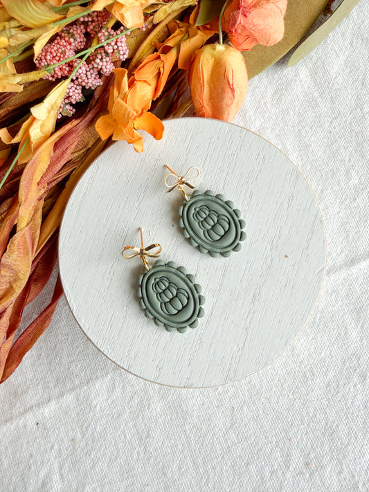 Sage Green Vintage Framed Pumpkin Polymer Clay Earrings