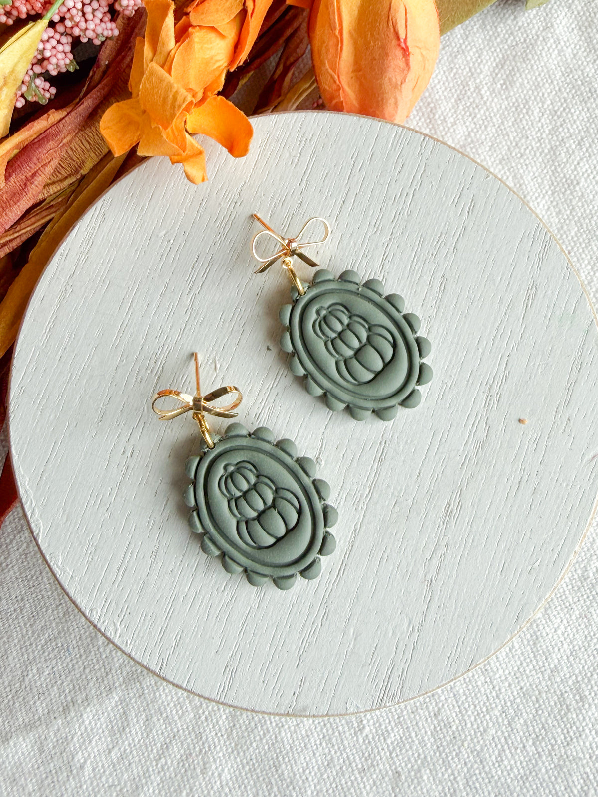 Sage Green Vintage Framed Pumpkin Polymer Clay Earrings
