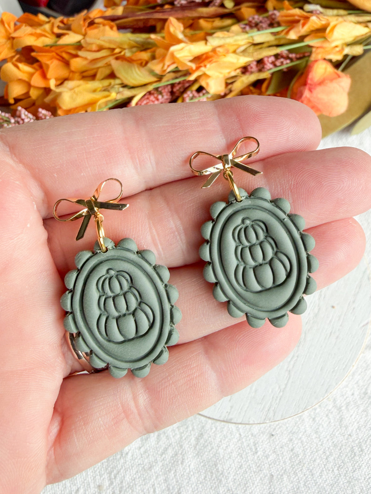 Sage Green Vintage Framed Pumpkin Polymer Clay Earrings