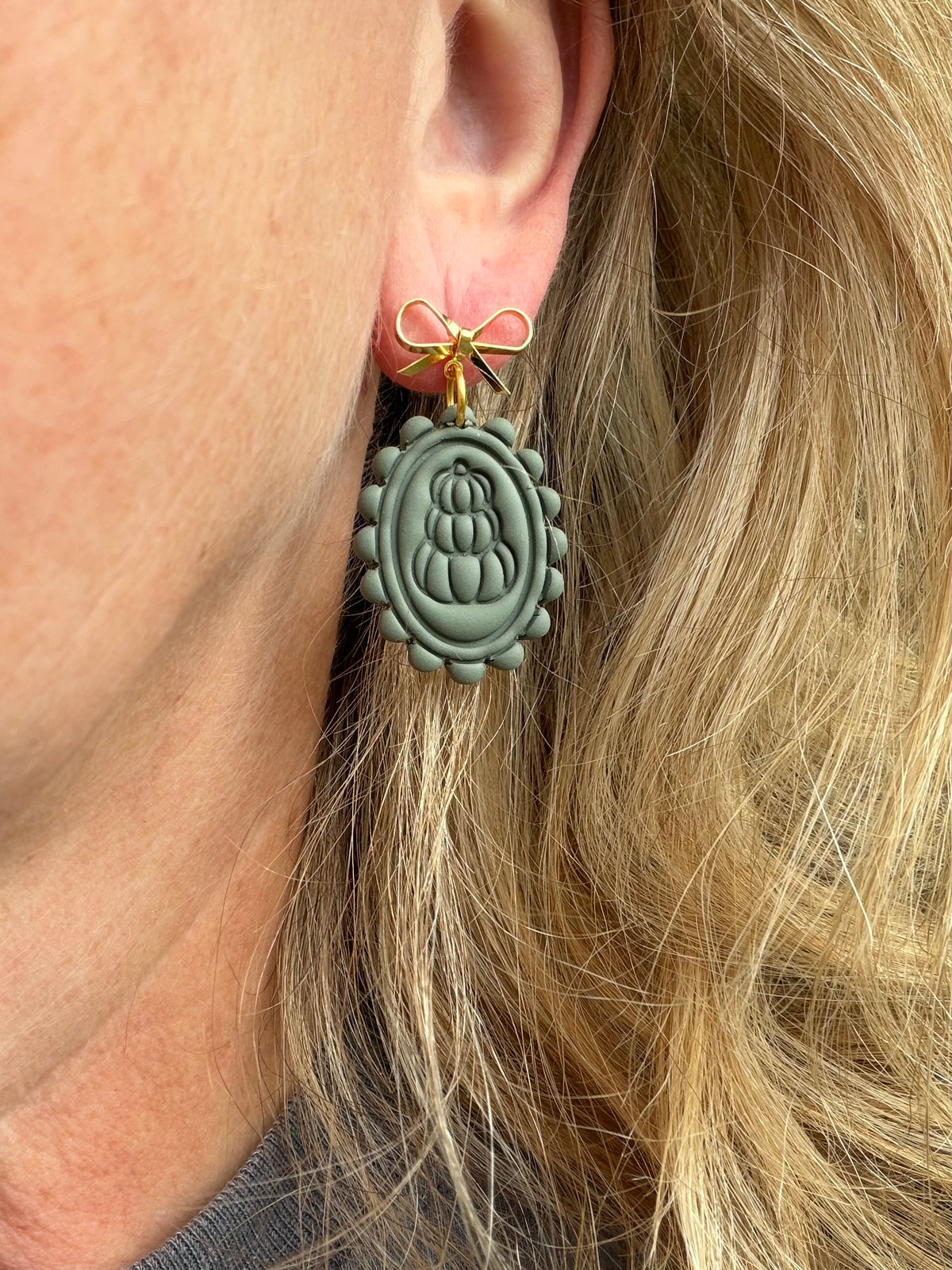 Sage Green Vintage Framed Pumpkin Polymer Clay Earrings