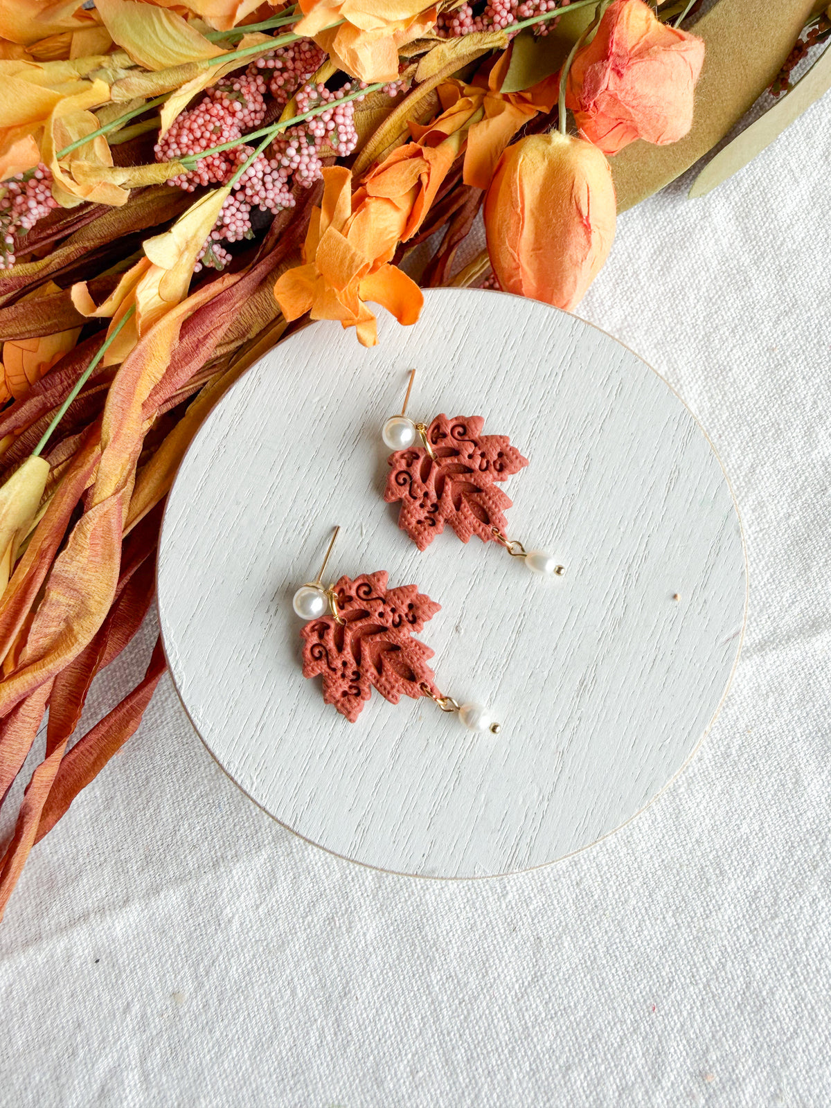 Rust-Orange Folk Art Maple Leaf with Pearl Polymer Clay Earrings