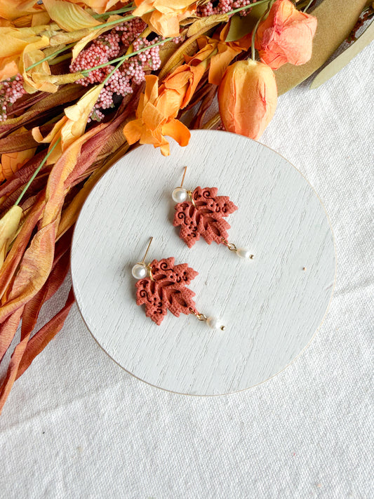 Rust-Orange Folk Art Maple Leaf with Pearl Polymer Clay Earrings