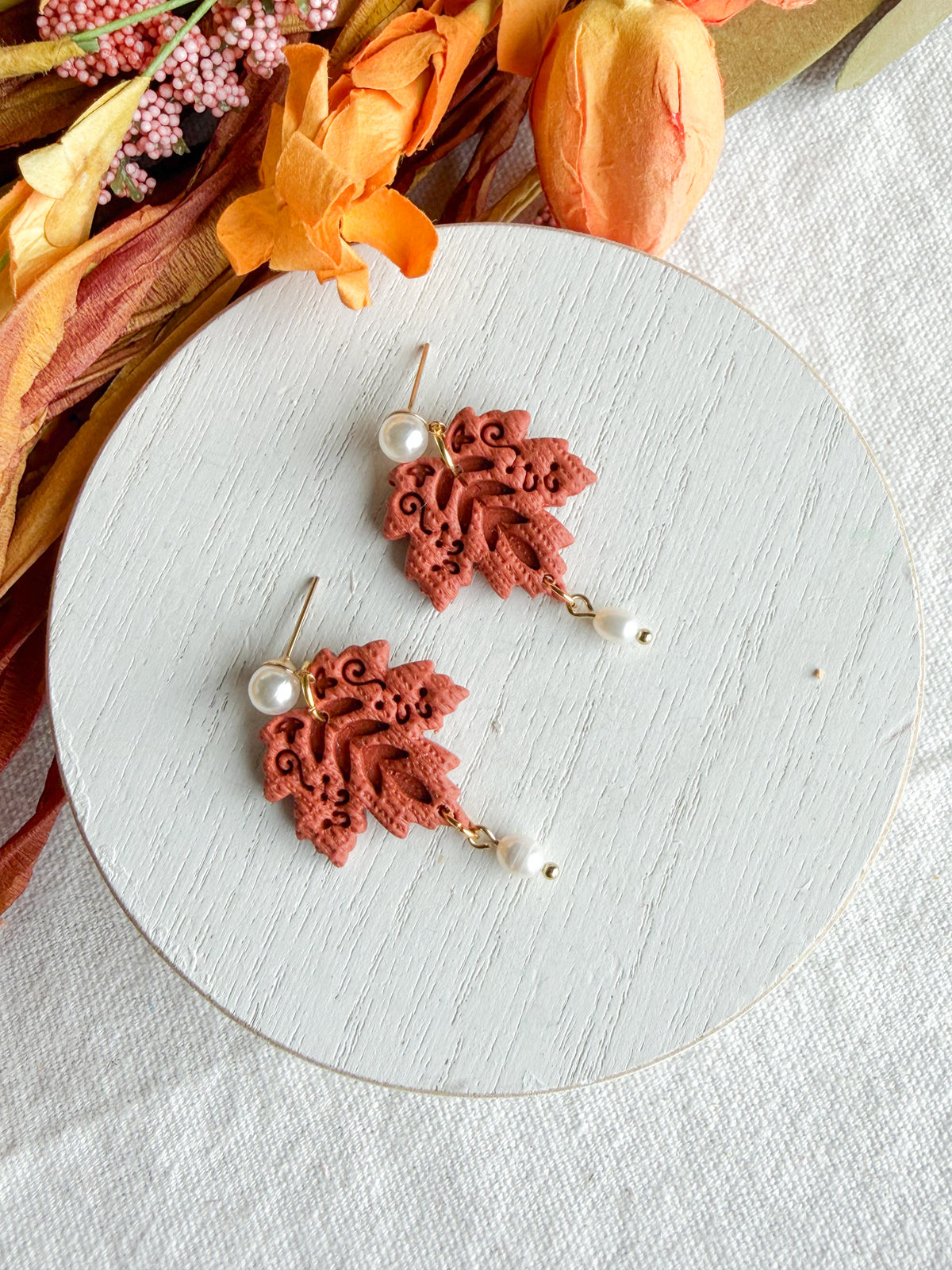 Rust-Orange Folk Art Maple Leaf with Pearl Polymer Clay Earrings