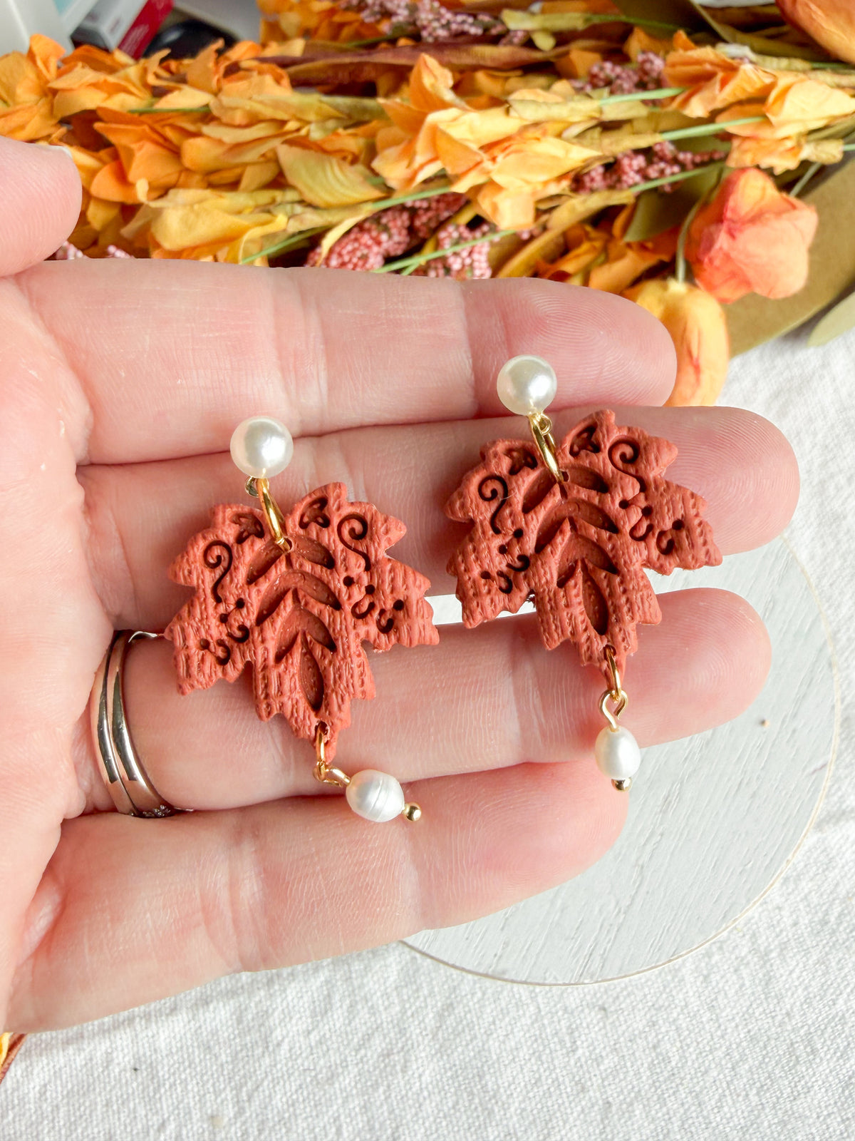 Rust-Orange Folk Art Maple Leaf with Pearl Polymer Clay Earrings