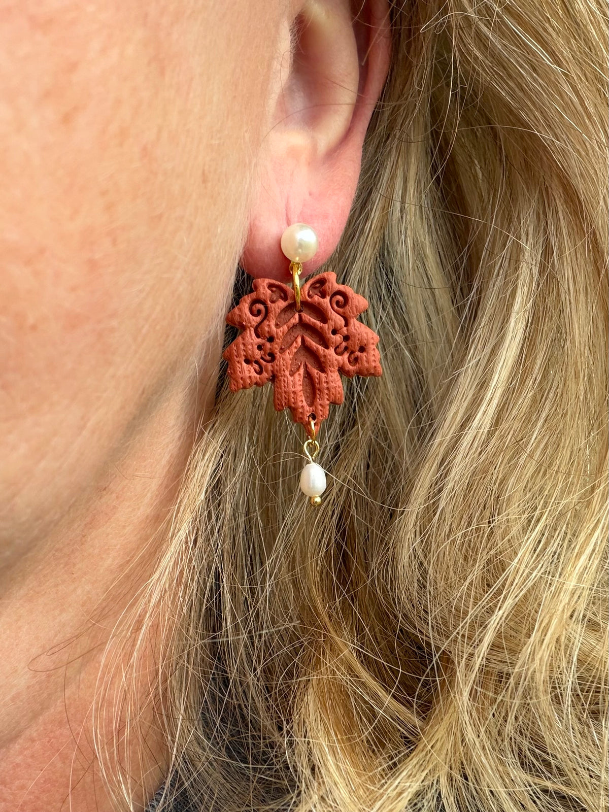 Rust-Orange Folk Art Maple Leaf with Pearl Polymer Clay Earrings