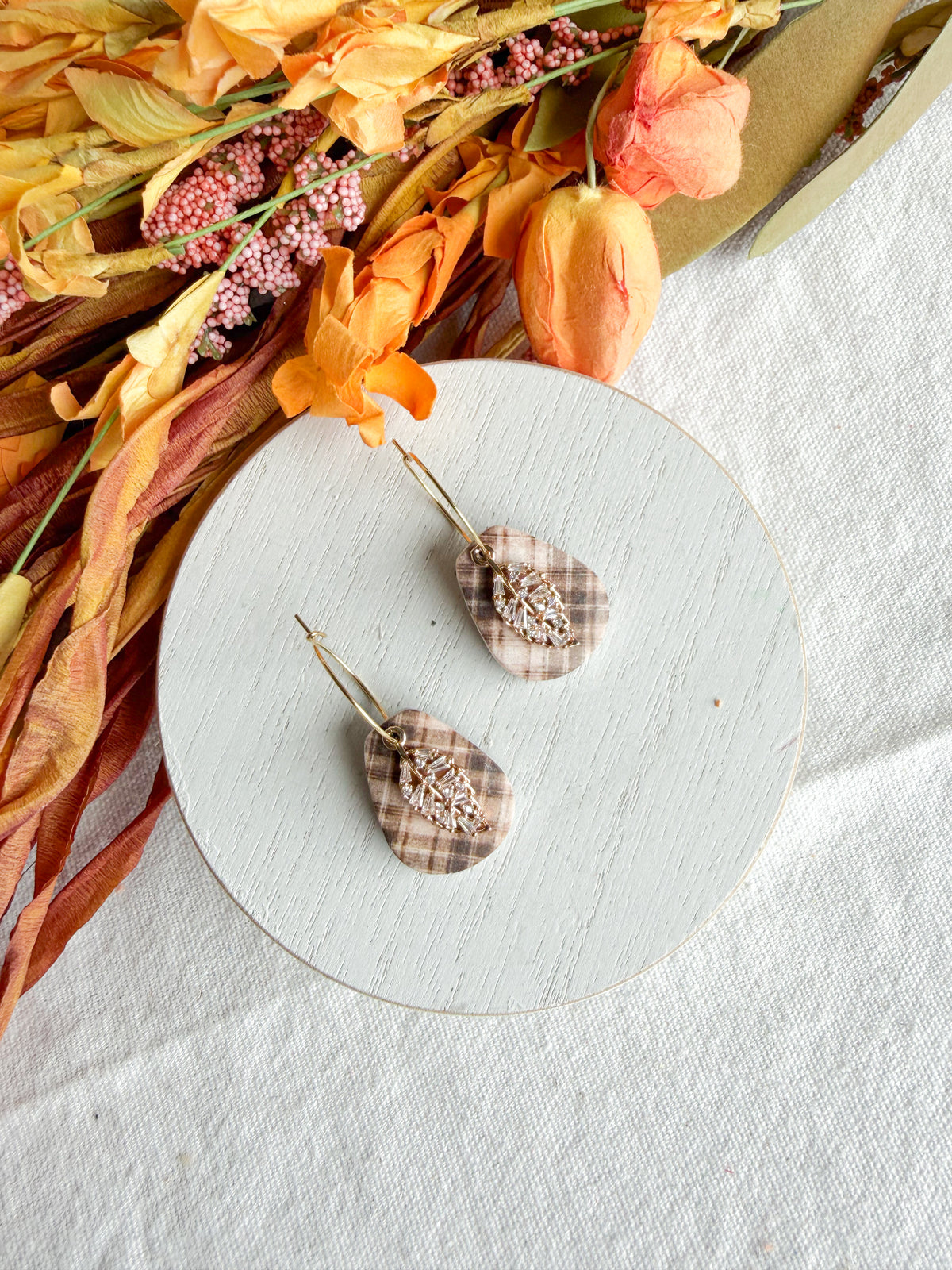 Brown Plaid with Leaf Polymer Clay Earrings