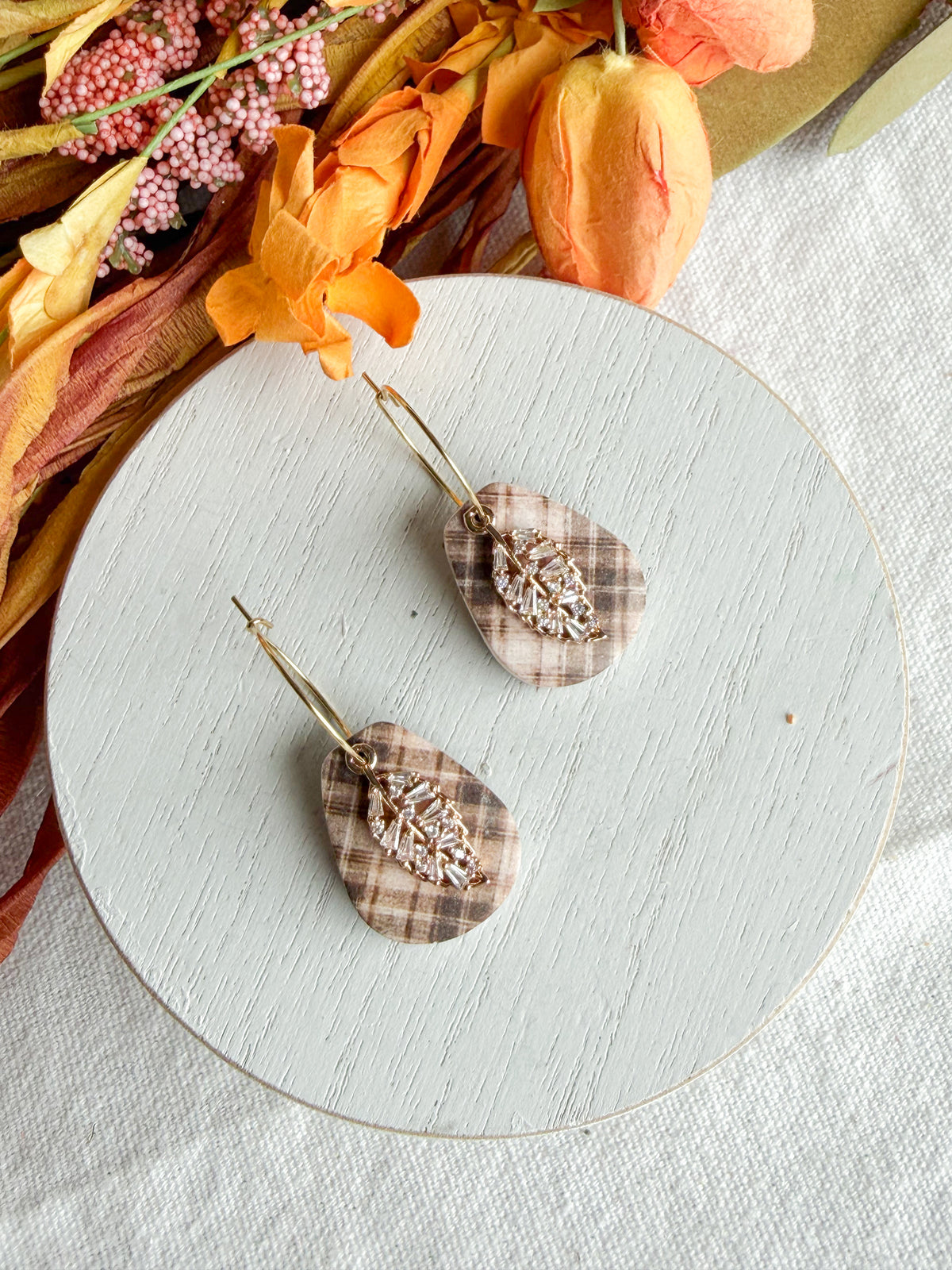 Brown Plaid with Leaf Polymer Clay Earrings