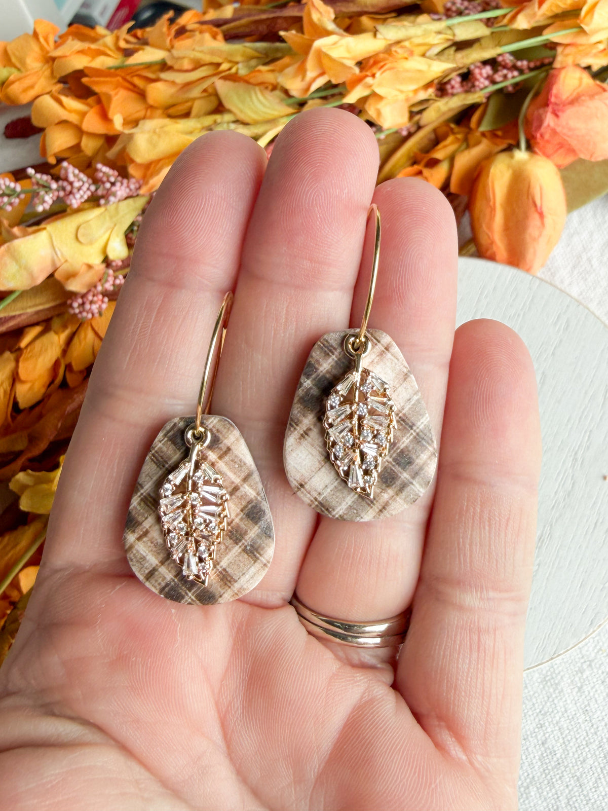 Brown Plaid with Leaf Polymer Clay Earrings