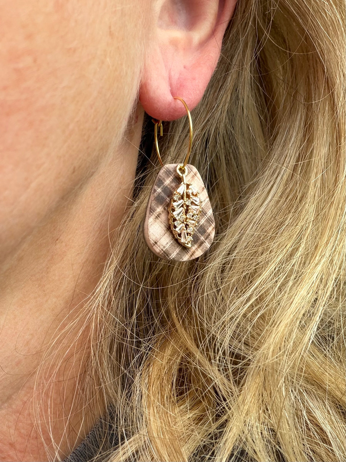 Brown Plaid with Leaf Polymer Clay Earrings