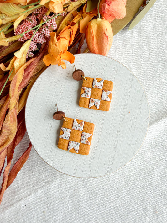 Cottage-core Mustard Floral Quilt Block Polymer Clay Earrings