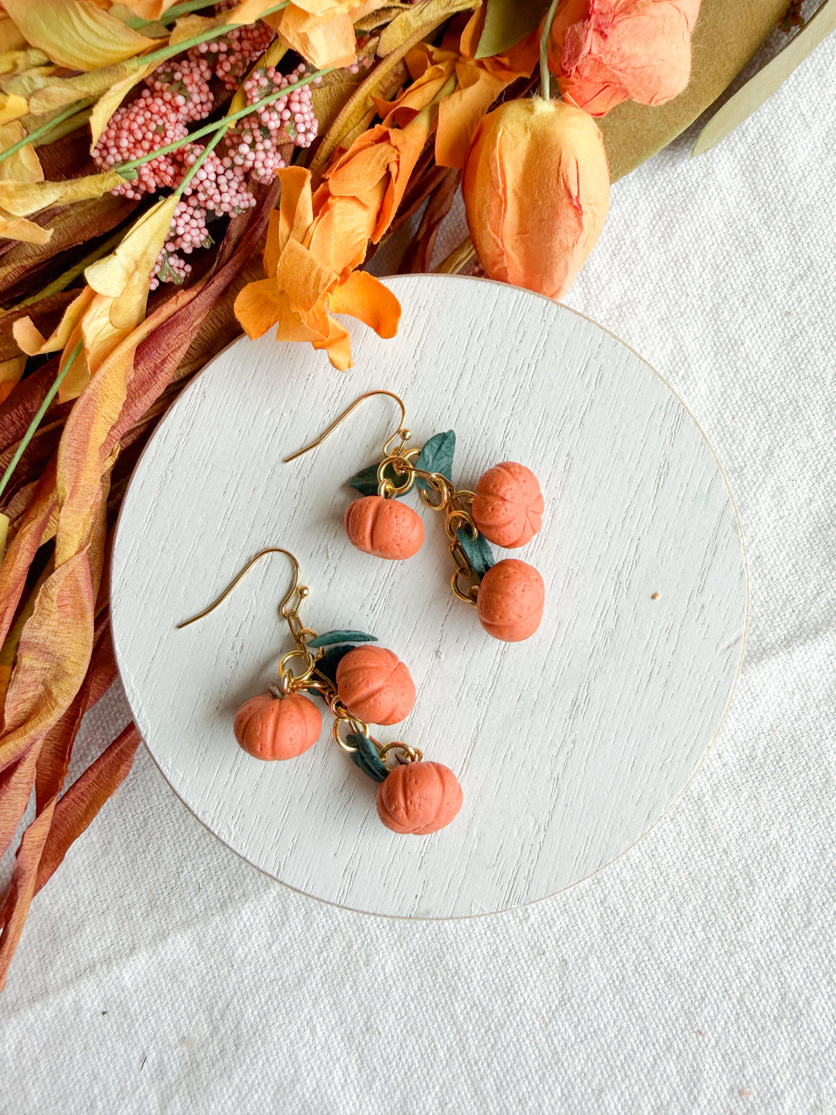 Mini Pumpkin and Leaf Cluster Polymer Clay Earrings