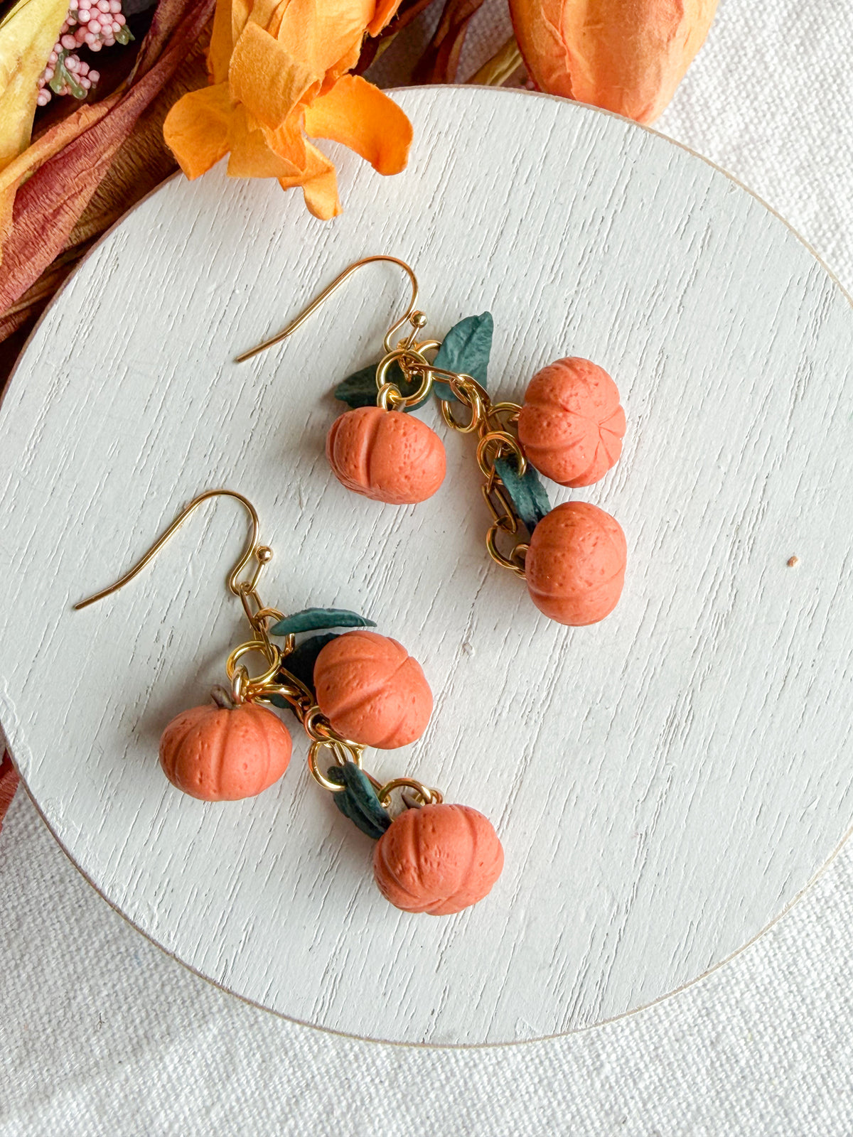 Mini Pumpkin and Leaf Cluster Polymer Clay Earrings