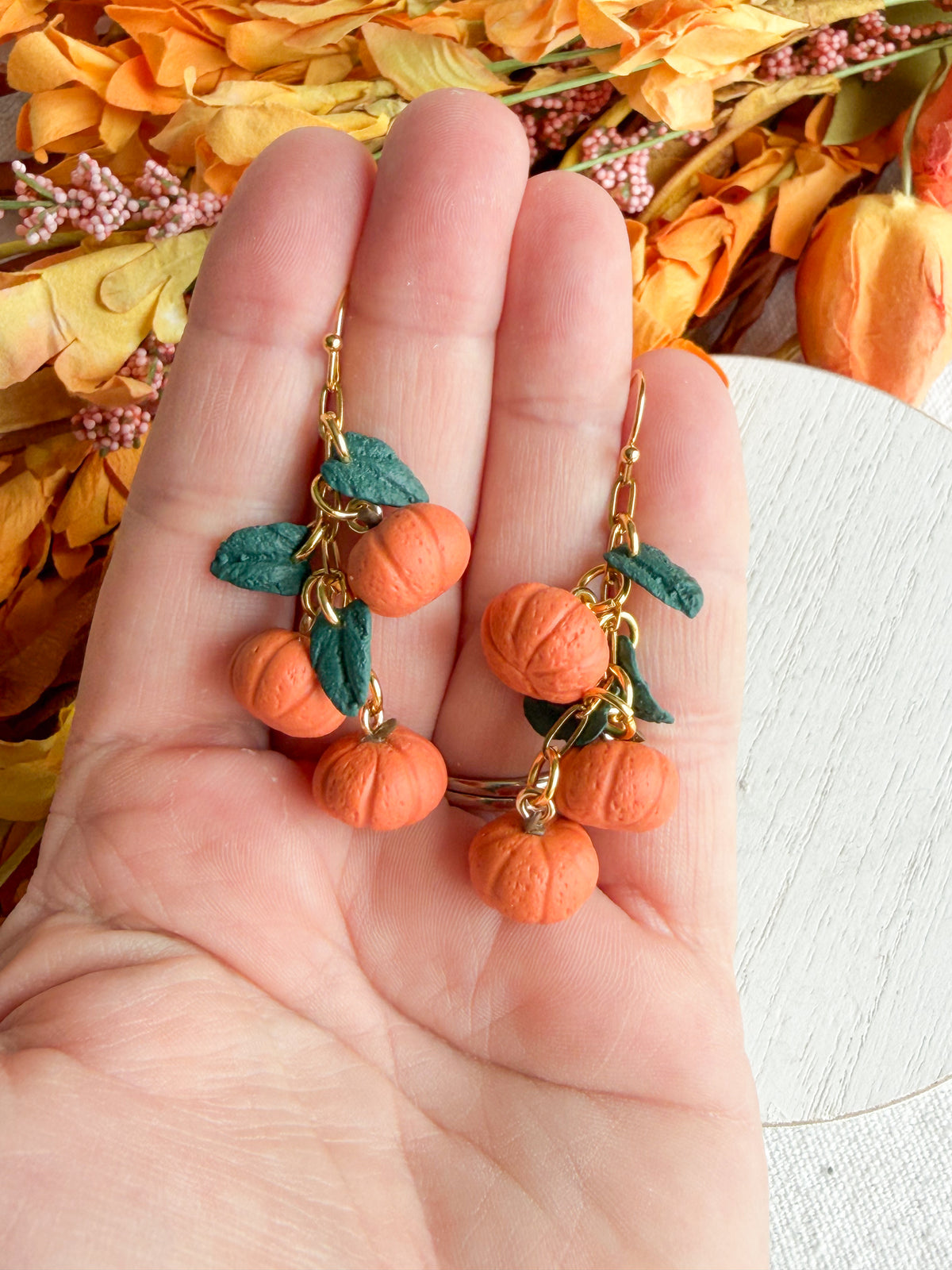 Mini Pumpkin and Leaf Cluster Polymer Clay Earrings