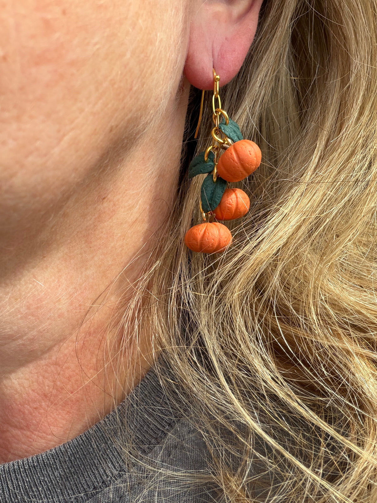 Mini Pumpkin and Leaf Cluster Polymer Clay Earrings