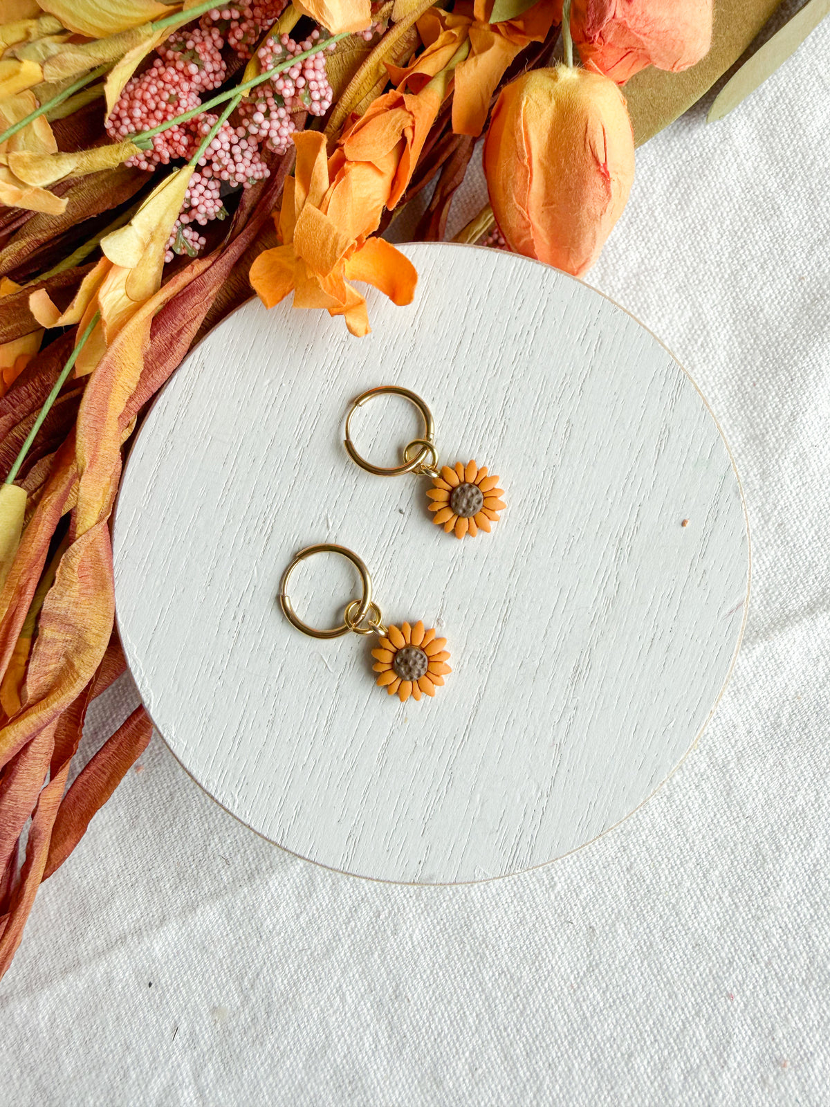 Interchangeable Sunflower Charm Huggie Polymer Clay Earrings