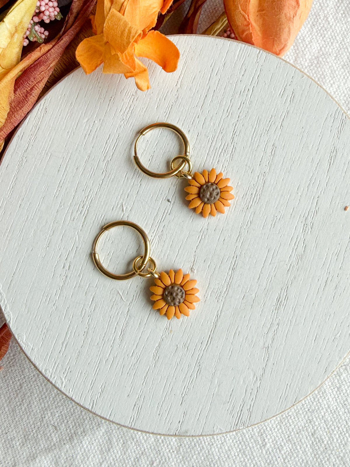 Interchangeable Sunflower Charm Huggie Polymer Clay Earrings