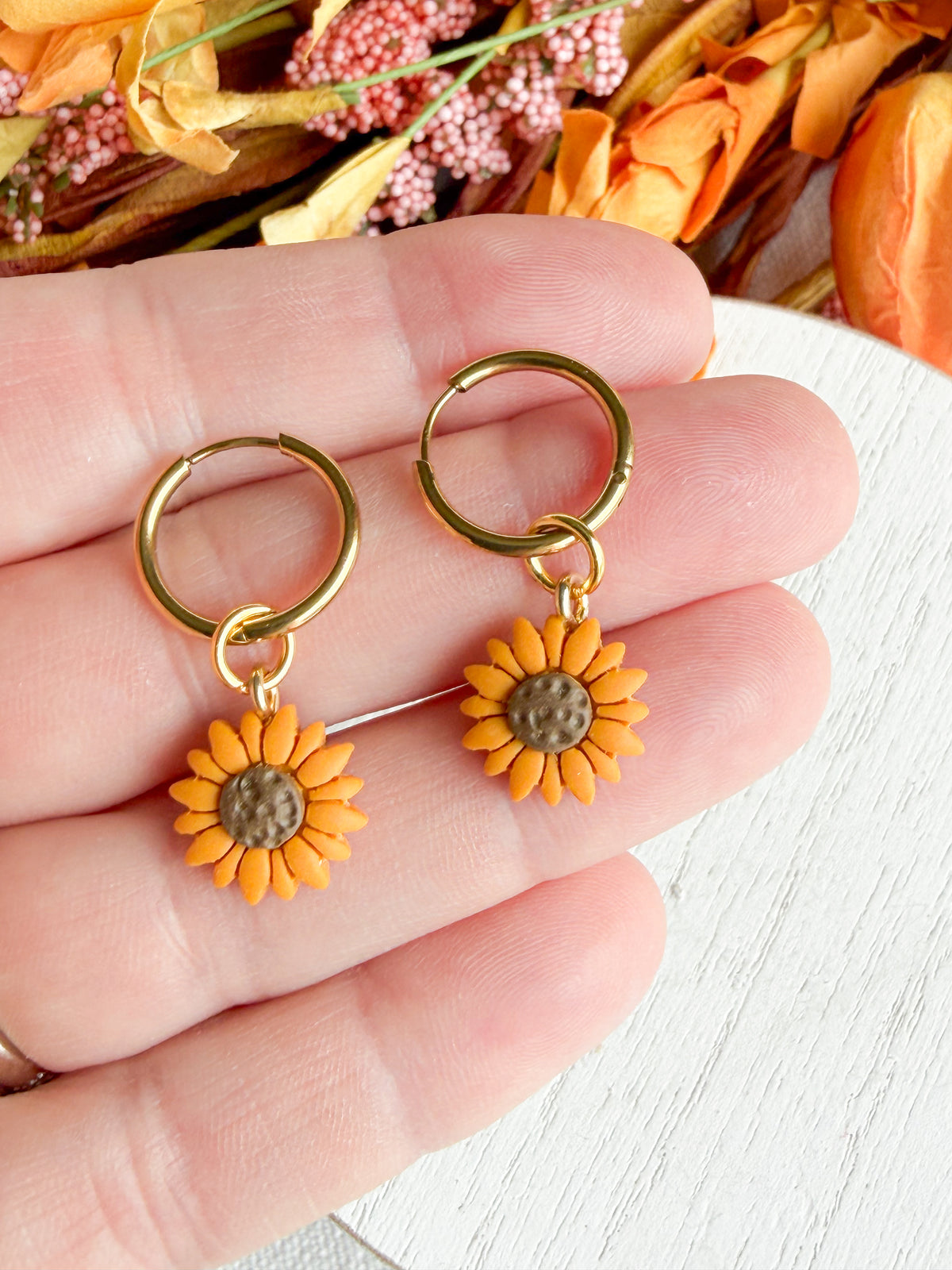 Interchangeable Sunflower Charm Huggie Polymer Clay Earrings
