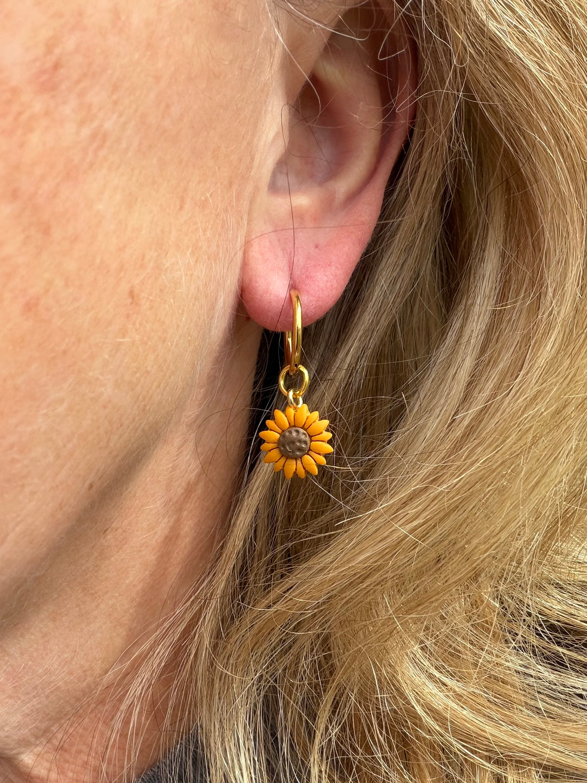 Interchangeable Sunflower Charm Huggie Polymer Clay Earrings