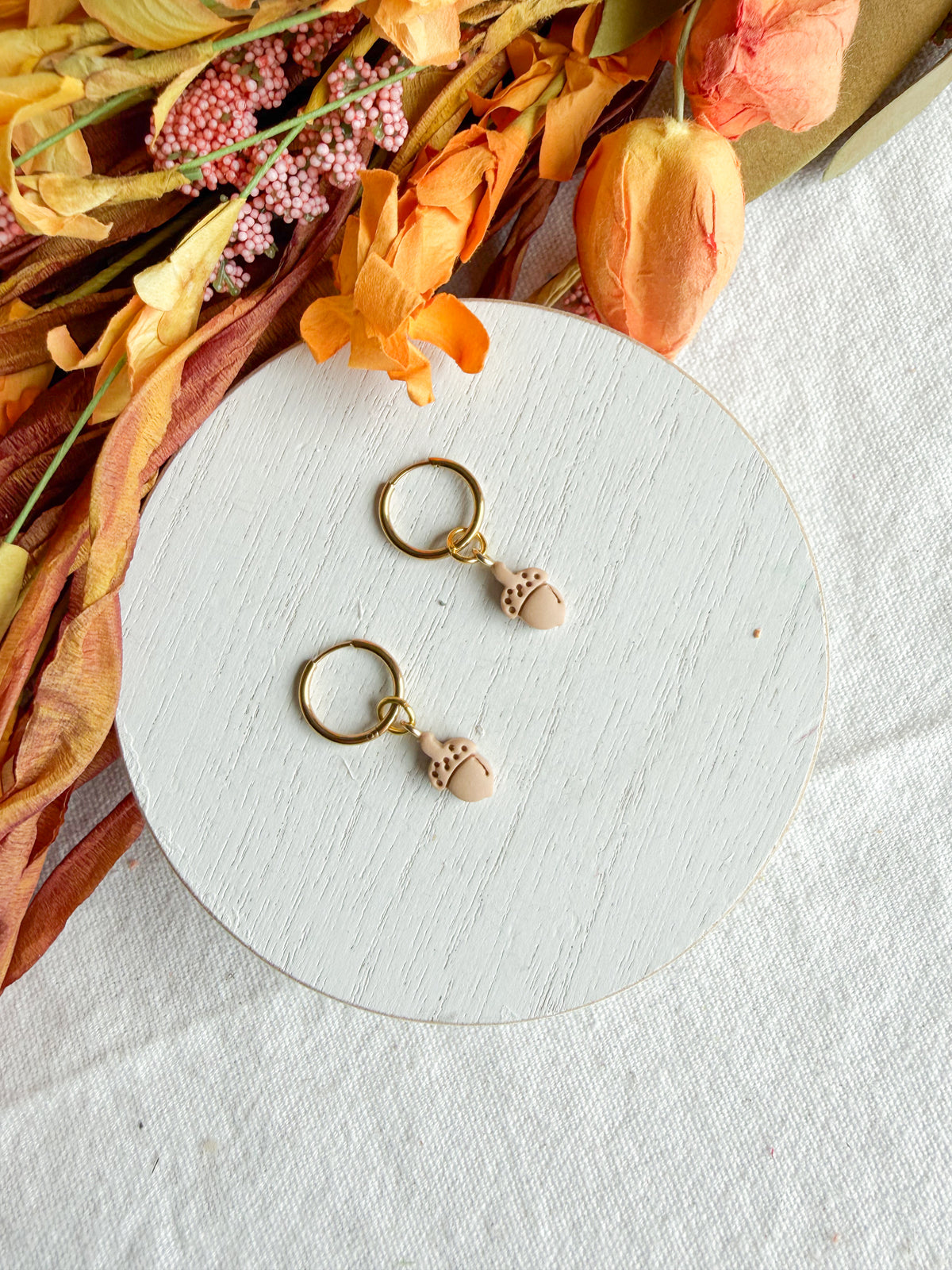Interchangeable Dainty Acorn Charm Huggie Polymer Clay Earrings