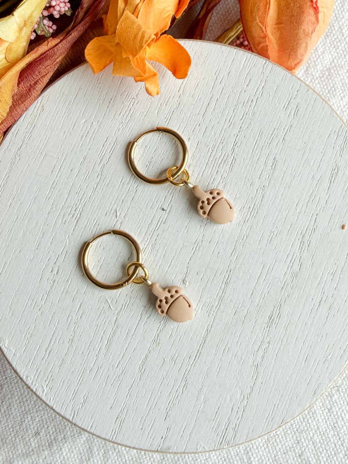 Interchangeable Dainty Acorn Charm Huggie Polymer Clay Earrings