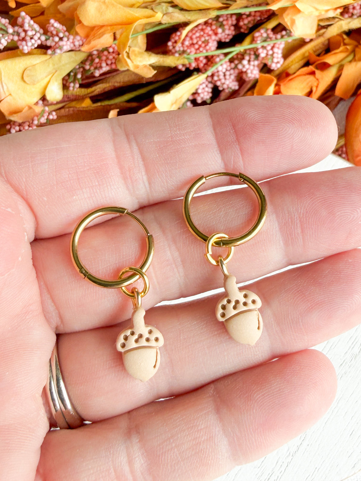 Interchangeable Dainty Acorn Charm Huggie Polymer Clay Earrings