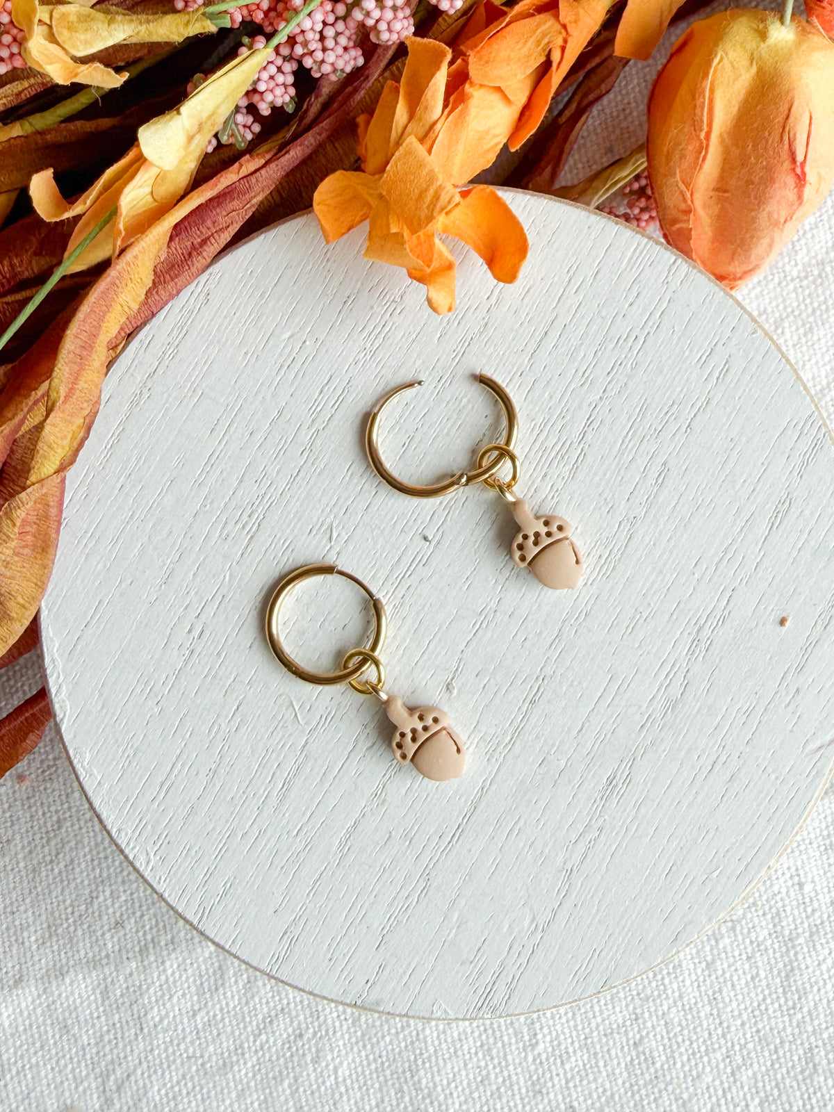 Interchangeable Dainty Acorn Charm Huggie Polymer Clay Earrings