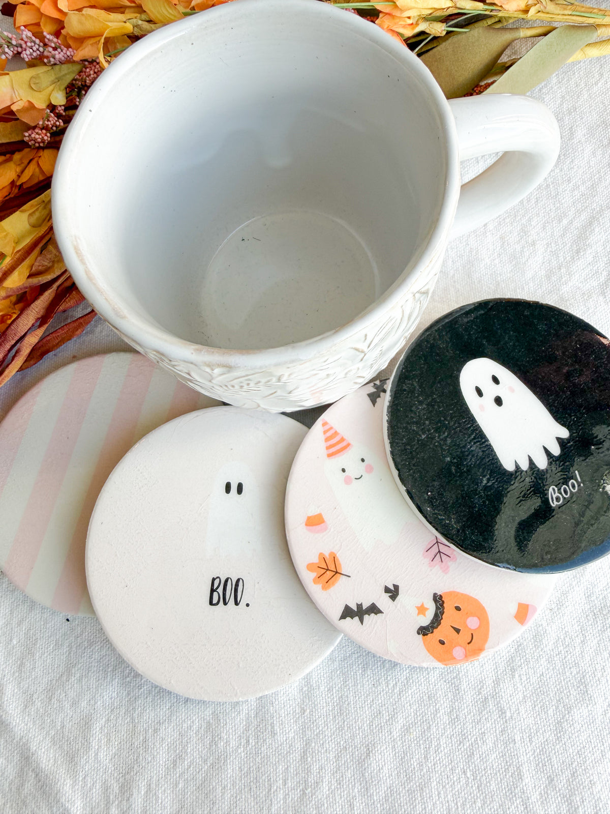 Pinkoween Pumpkin and Ghost Beverage Coasters | Set of 4 Table Coasters