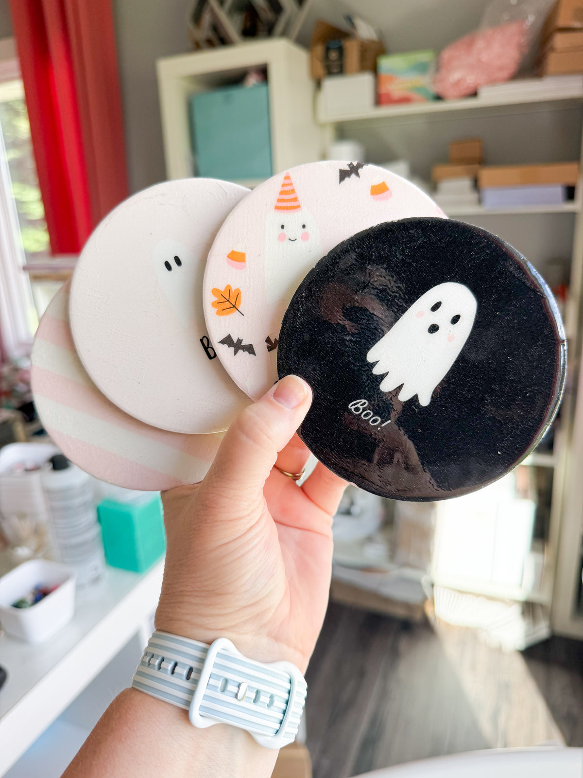 Pinkoween Pumpkin and Ghost Beverage Coasters | Set of 4 Table Coasters