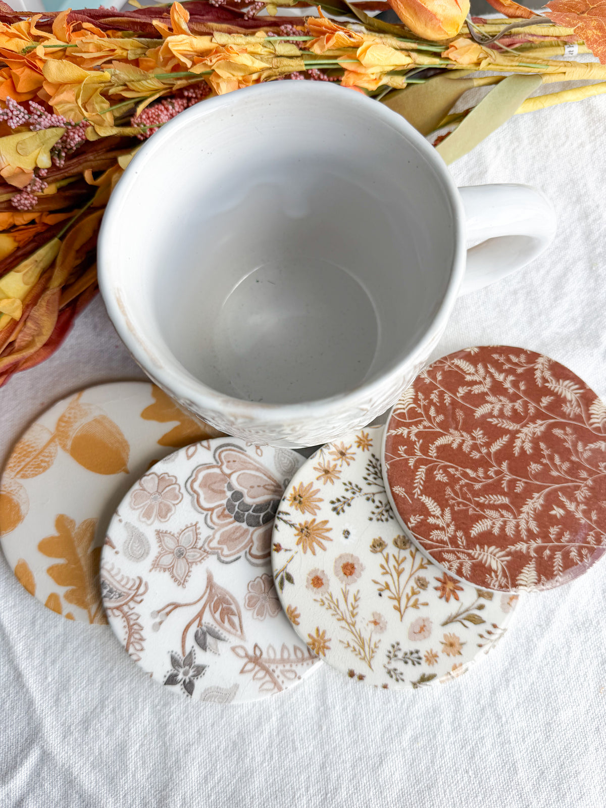 Neutral Fall Floral Botanical Beverage Coasters | Set of 4 Table Coasters