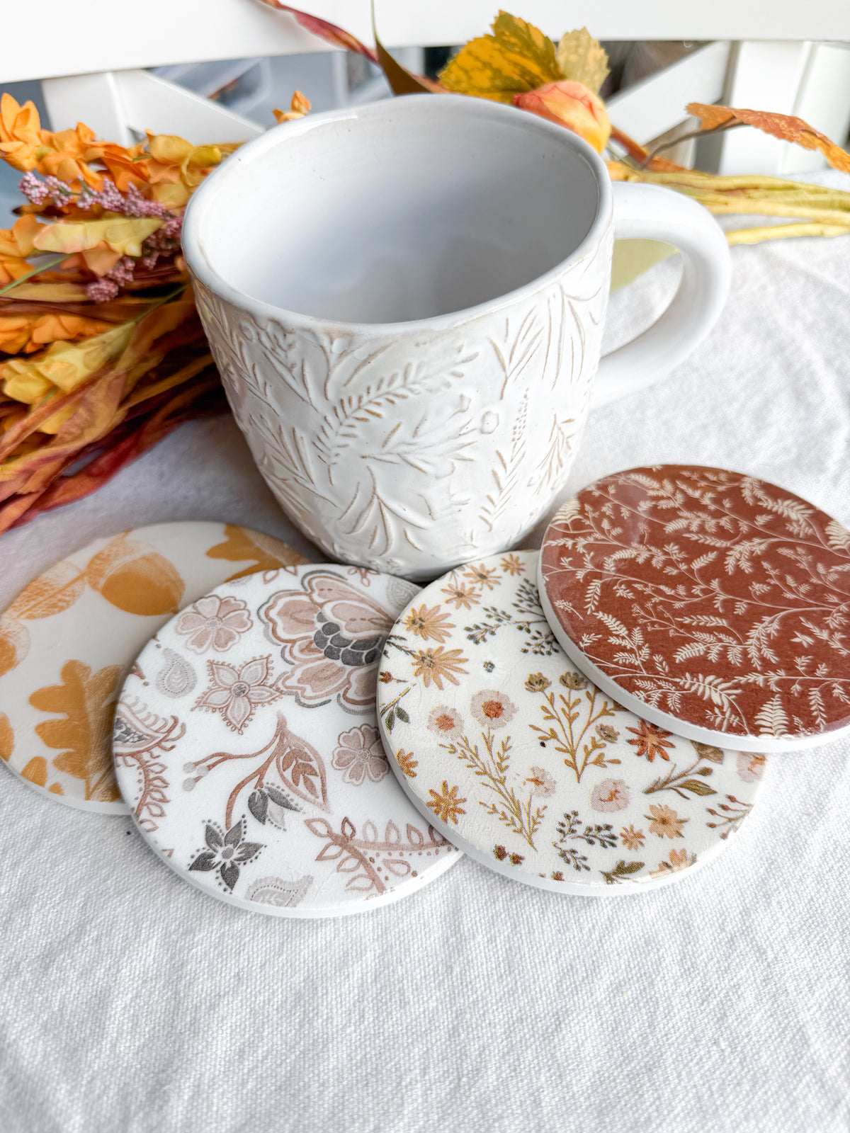 Neutral Fall Floral Botanical Beverage Coasters | Set of 4 Table Coasters