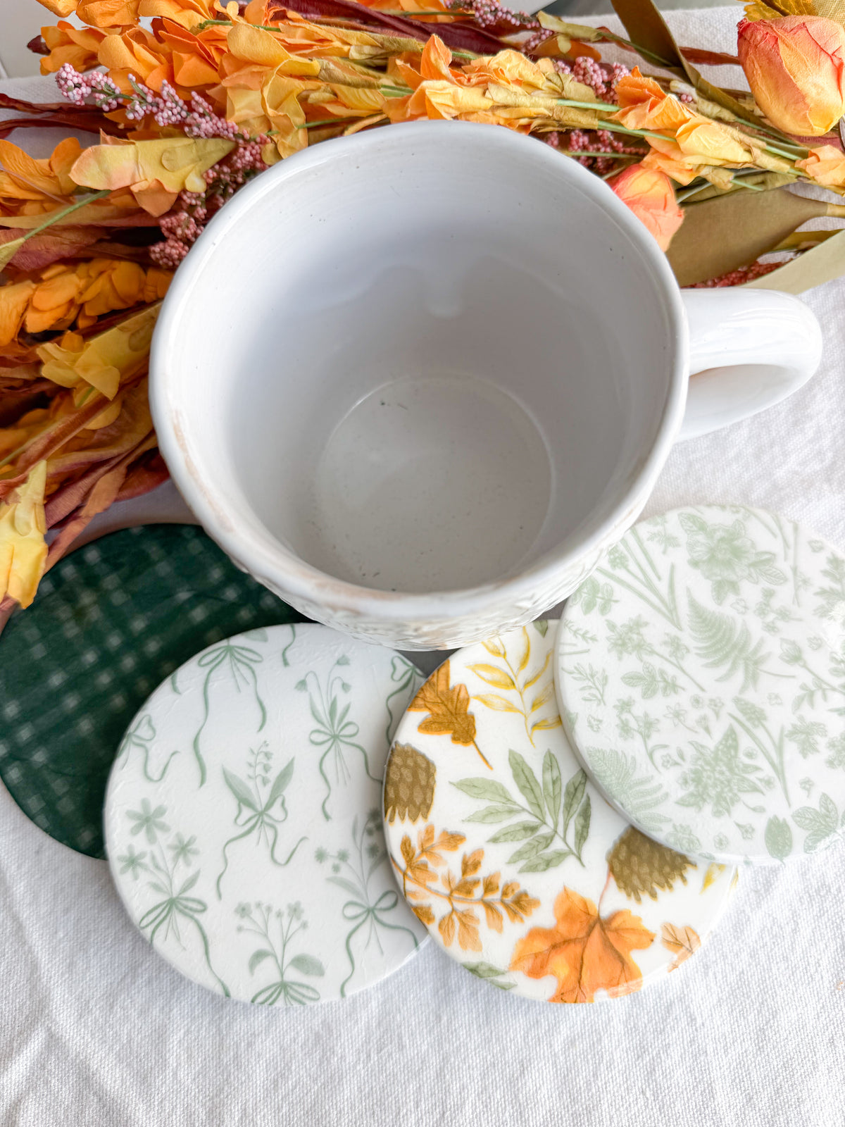 Sage Autumn Botanical Beverage Coasters | Set of 4 Table Coasters