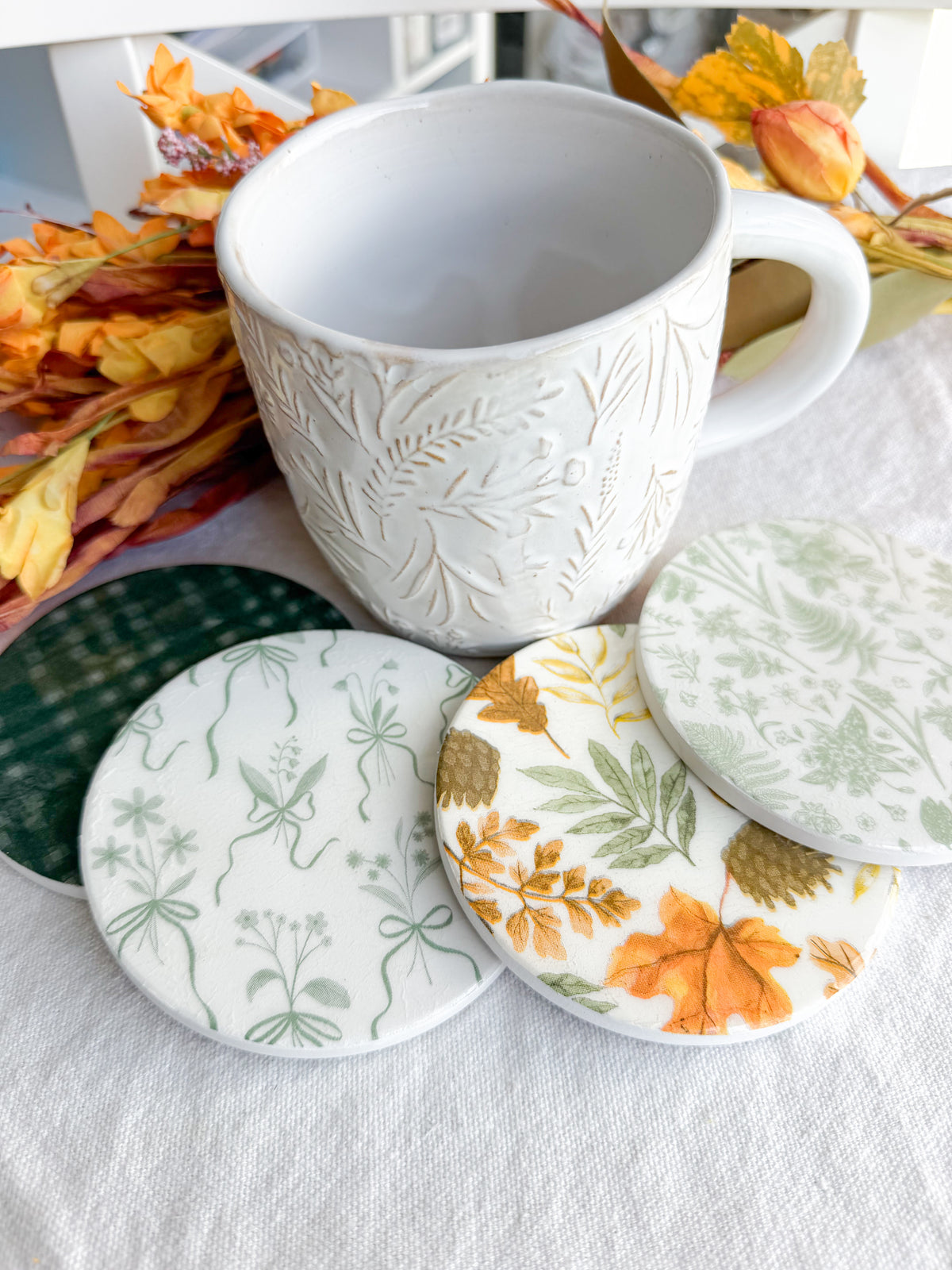 Sage Autumn Botanical Beverage Coasters | Set of 4 Table Coasters