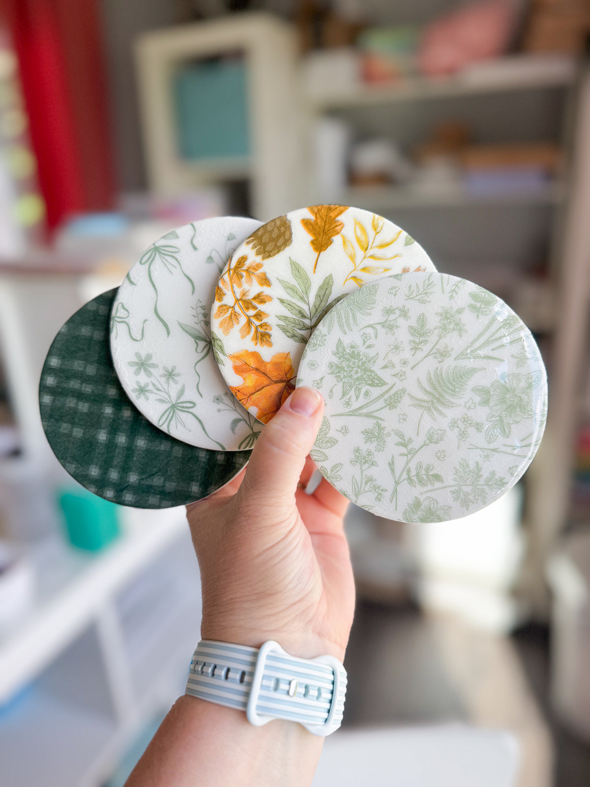 Sage Autumn Botanical Beverage Coasters | Set of 4 Table Coasters