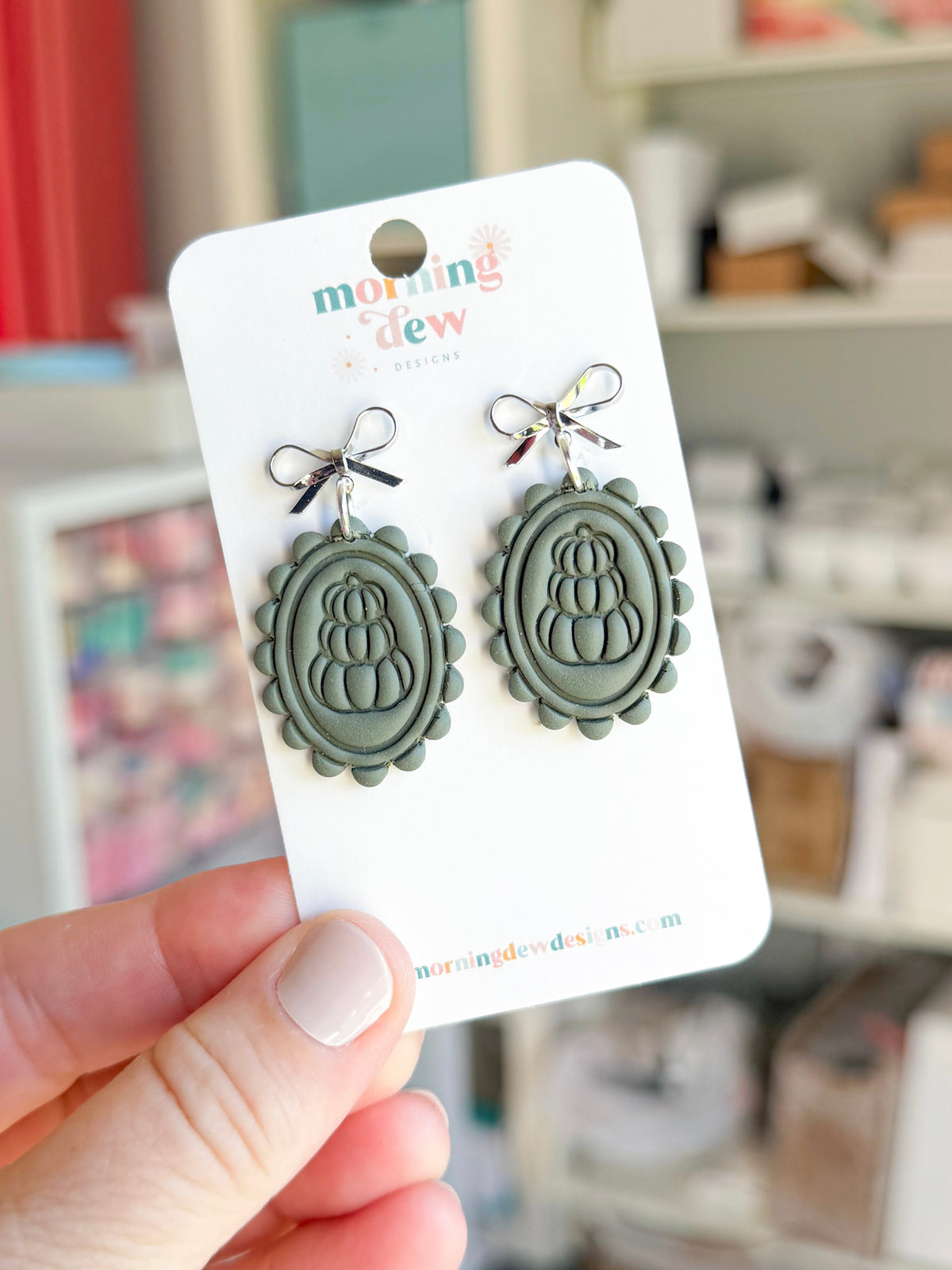 Sage Green Vintage Framed Pumpkin Polymer Clay Earrings