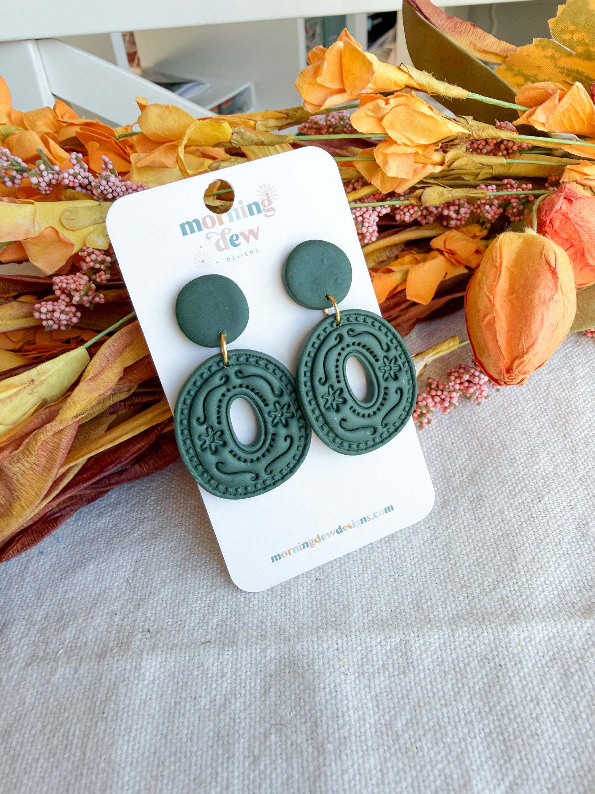 Forest Green Boho Folk Art Organic Circle Polymer Clay Earrings