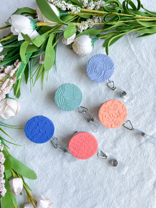Colorful Textured Summer Beach Polymer Clay Badges | Nurse and Teacher Retractable Badges