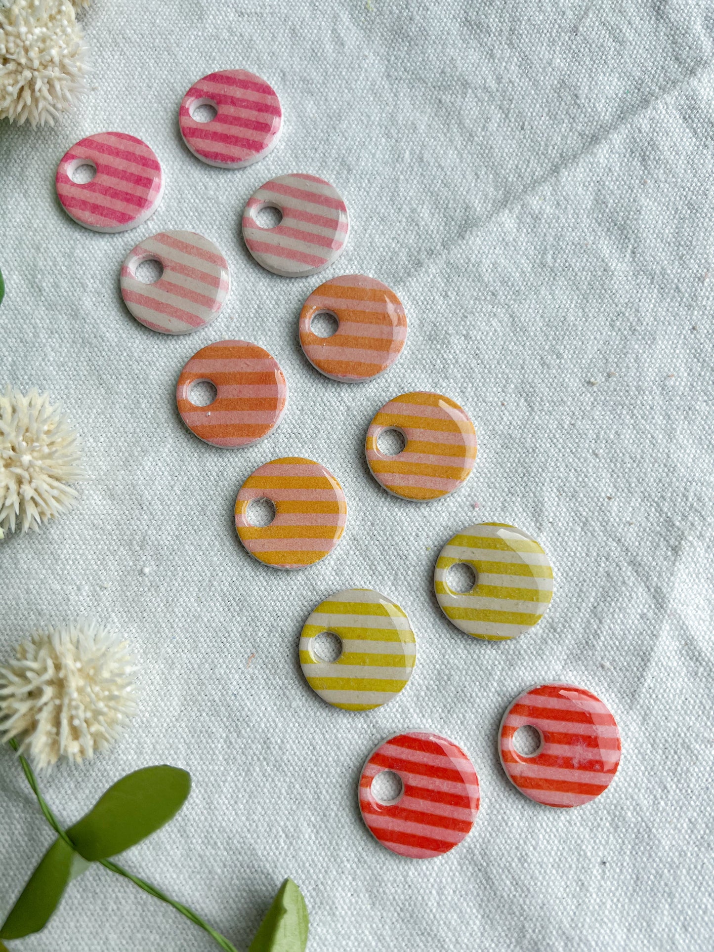 Bright Pink and Peach Striped Interchangeable Clay Disc Charms (hoops sold separately)