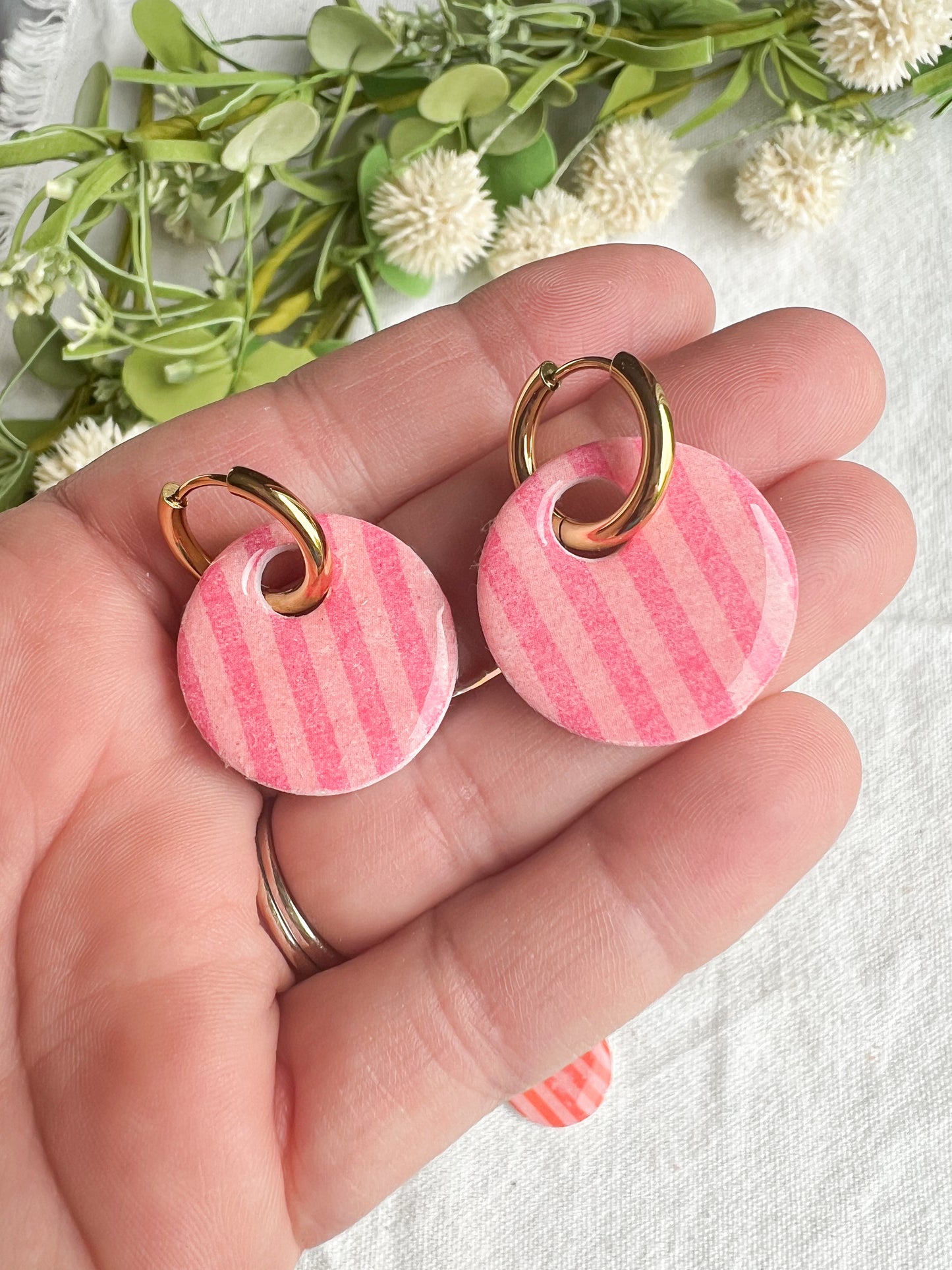 Bright Pink and Peach Striped Interchangeable Clay Disc Charms (hoops sold separately)