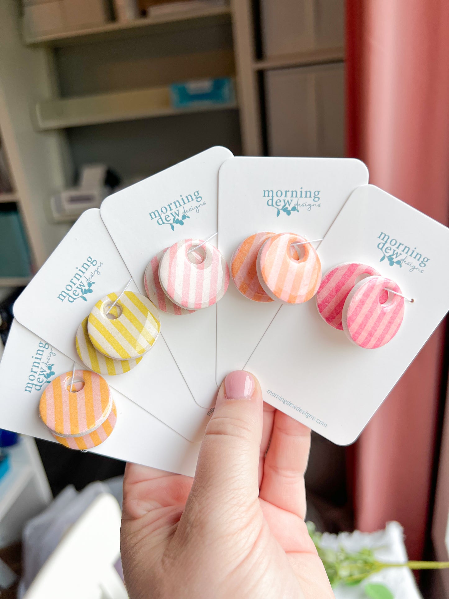 Bright Pink and Peach Striped Interchangeable Clay Disc Charms (hoops sold separately)