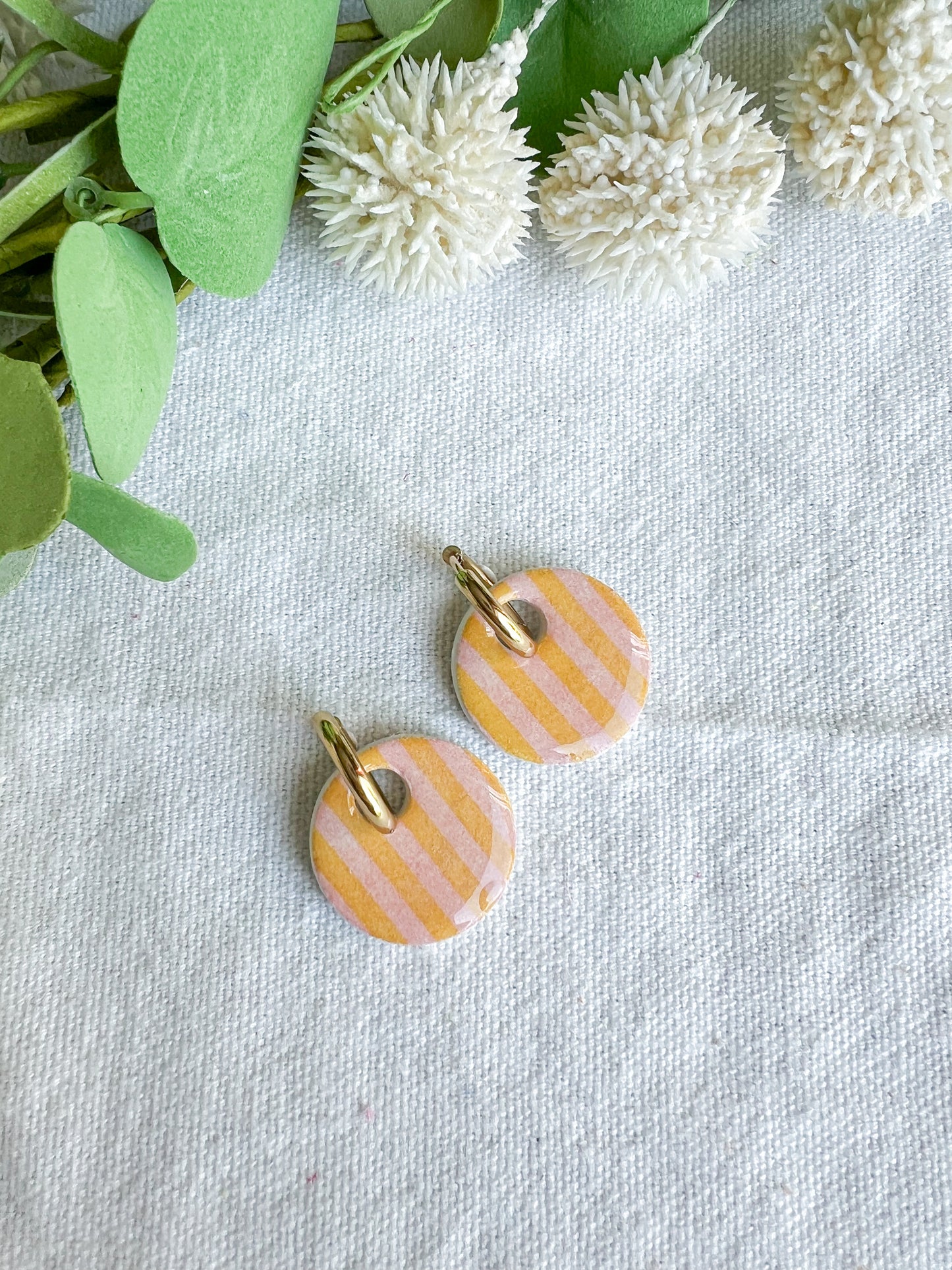 Bright Pink and Peach Striped Interchangeable Clay Disc Charms (hoops sold separately)