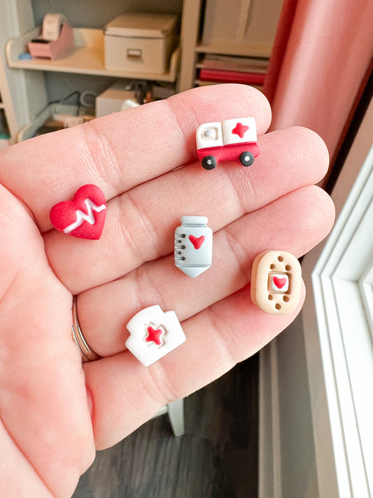 Nurse/Doctor/EMT Inspired Build Your Own Polymer Clay Stud Pack | Syringe | Bandaid | Heartbeat | Ambulance| Nurse Hat