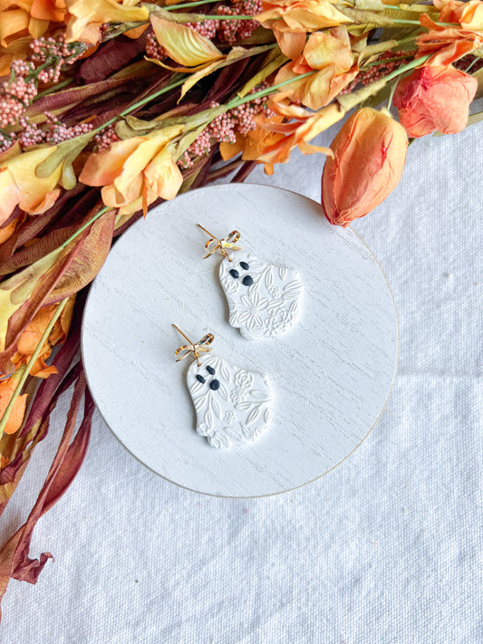 Floral Embossed Ghost Polymer Clay Earrings with Gold Bow Posts