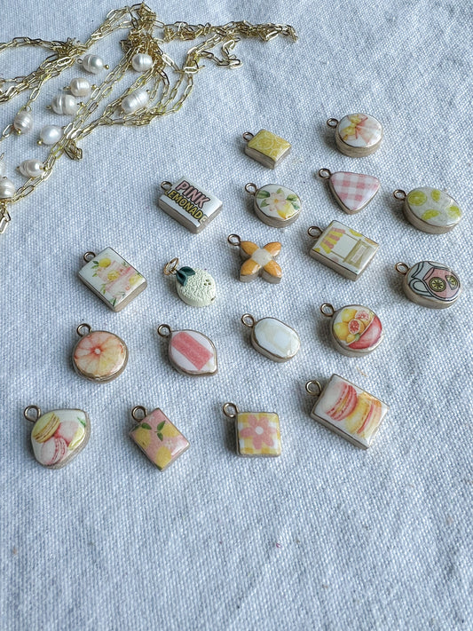 Pink Lemonade Themed Transfer Paper Designed Polymer Clay Necklace Charms (Charms Only)