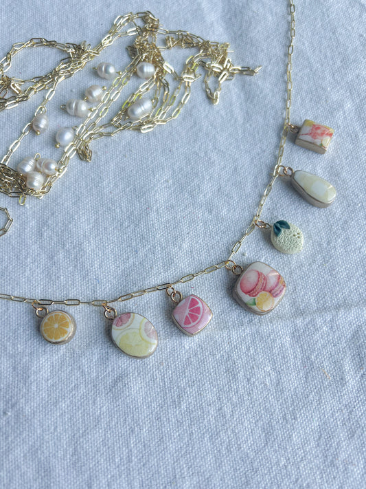 Pink Lemonade Macaron Themed Polymer Clay Charm Necklace