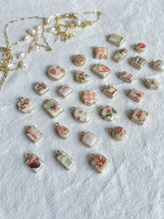 Strawberry Themed Transfer Paper Designed Polymer Clay Necklace Charms (Charms Only)