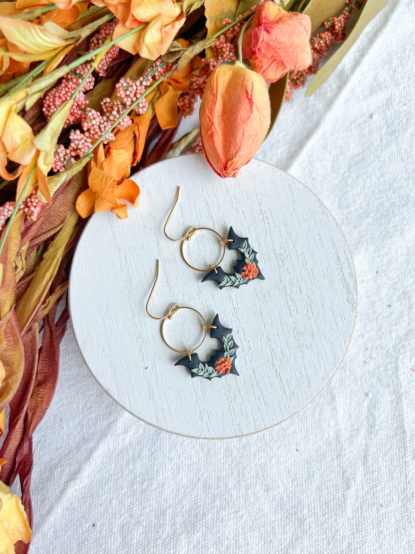 Floral Bat Polymer Clay Earrings | Halloween Earrings | Fall Earrings
