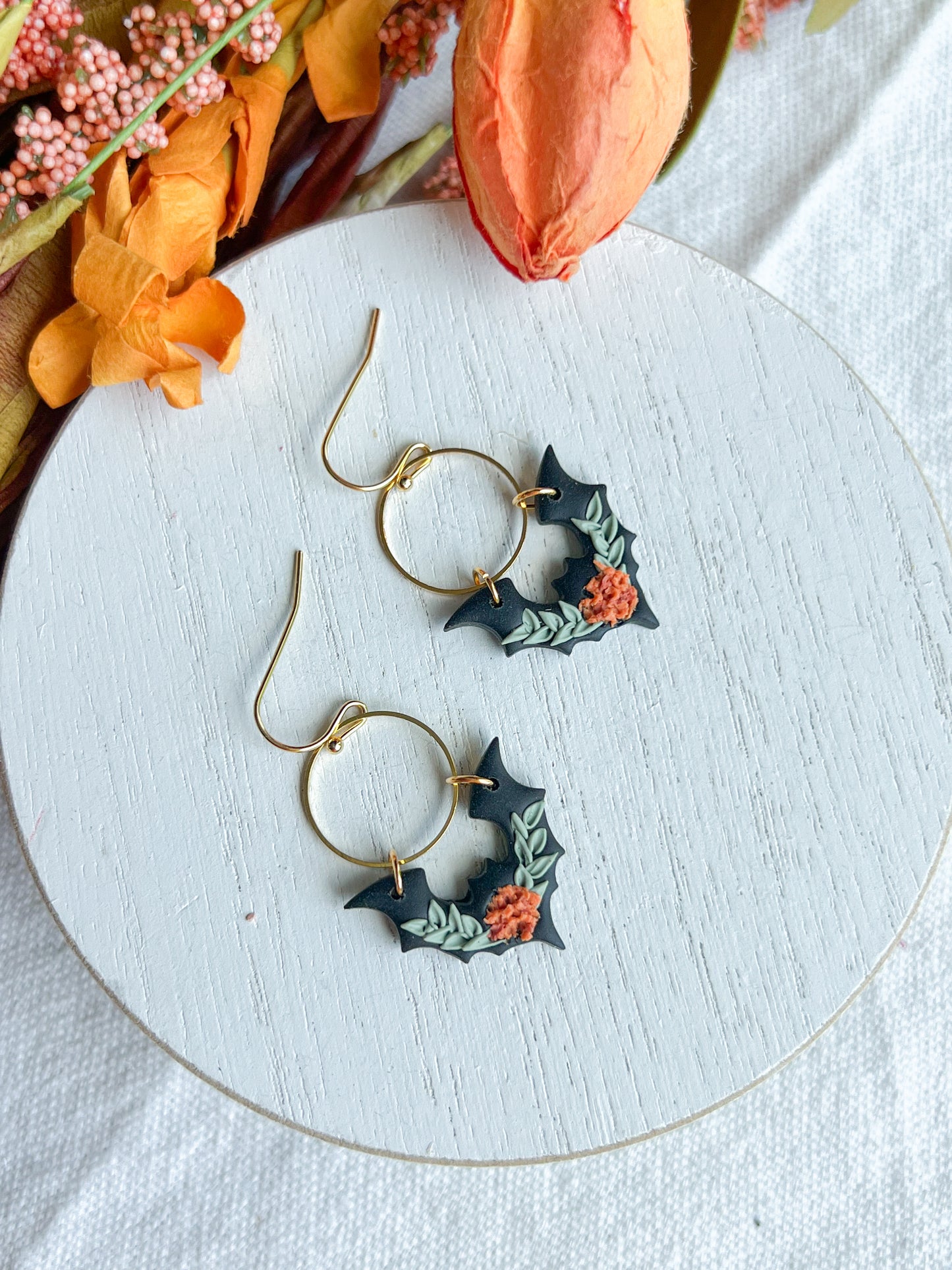 Floral Bat Polymer Clay Earrings | Halloween Earrings | Fall Earrings