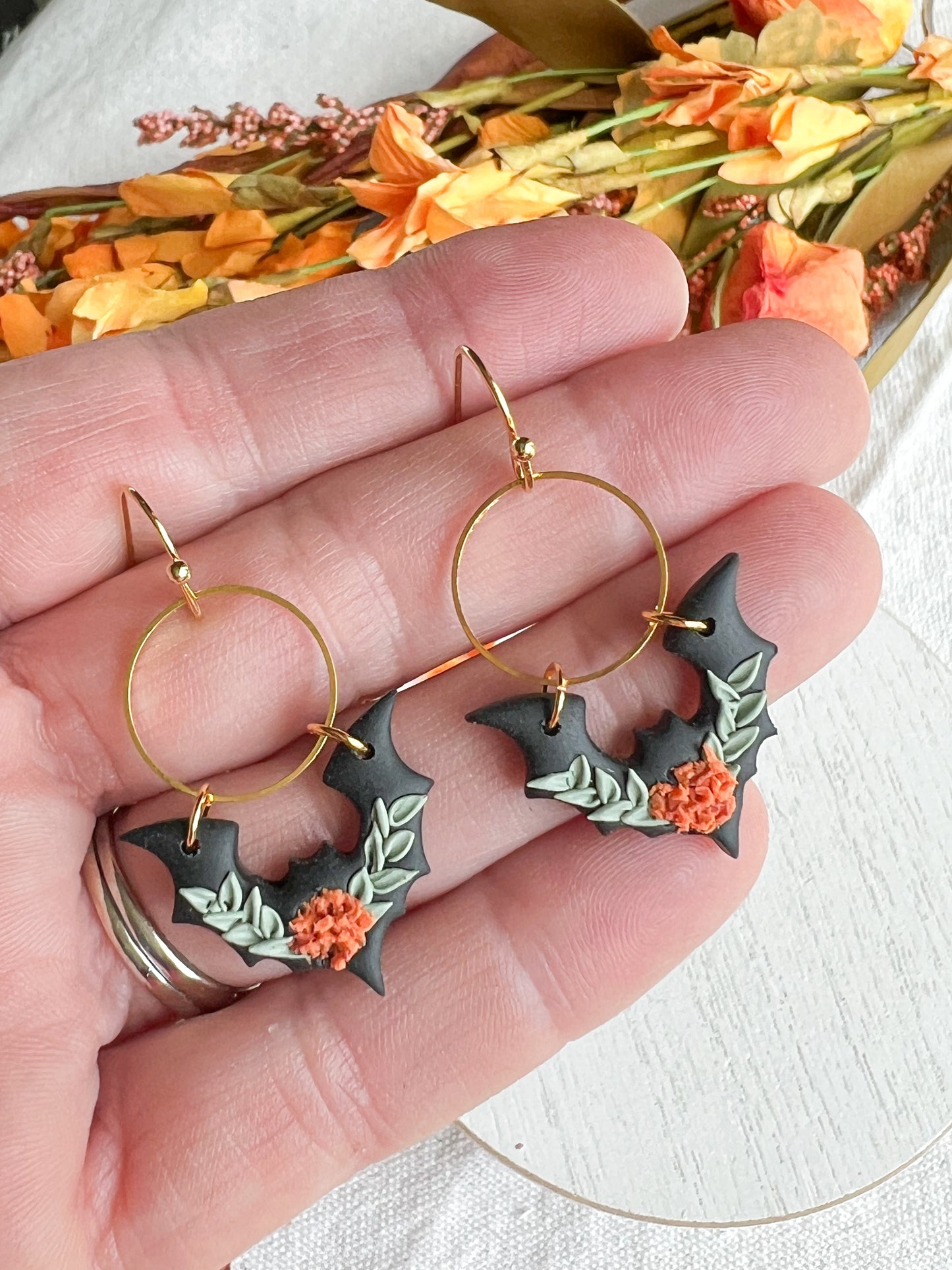 Floral Bat Polymer Clay Earrings | Halloween Earrings | Fall Earrings