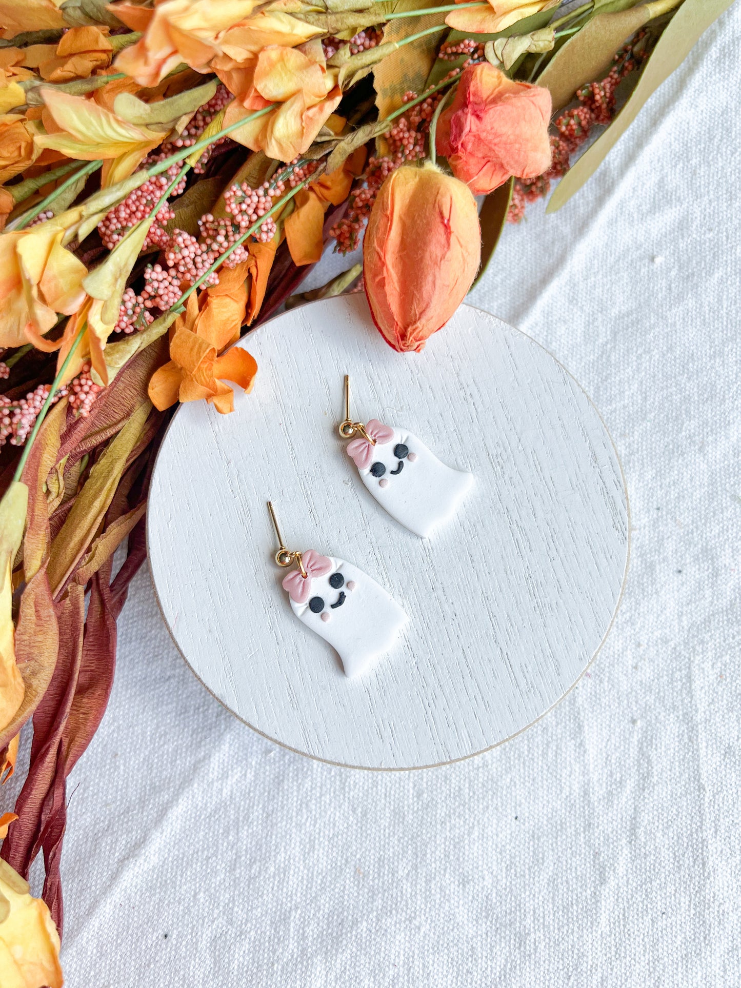 Floral Embossed Ghost Polymer Clay Earrings with Gold Bow Posts (Copy)
