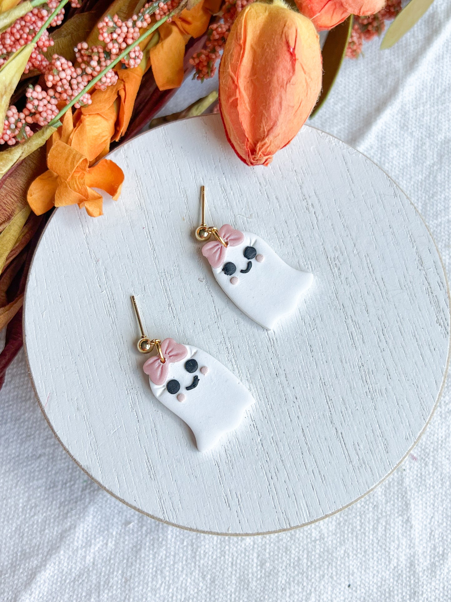 Floral Embossed Ghost Polymer Clay Earrings with Gold Bow Posts (Copy)